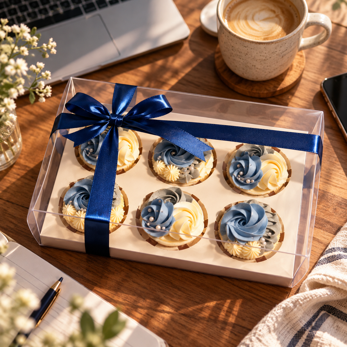 Denim Ruffle cupcake gift box on a desk beside a laptop and a cup of coffee