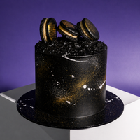 Midnight Gold designer cake in matte black buttercream with gold splatter and dark macarons, Elevete Patisserie KL