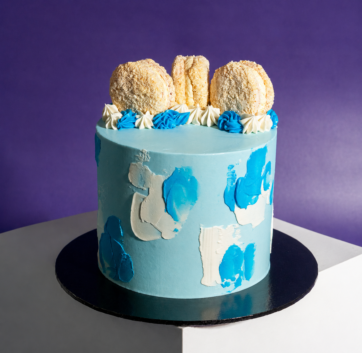 Brushstroke Blue designer cake with hand-painted blue buttercream strokes and popcorn macarons, Elevete Patisserie KL