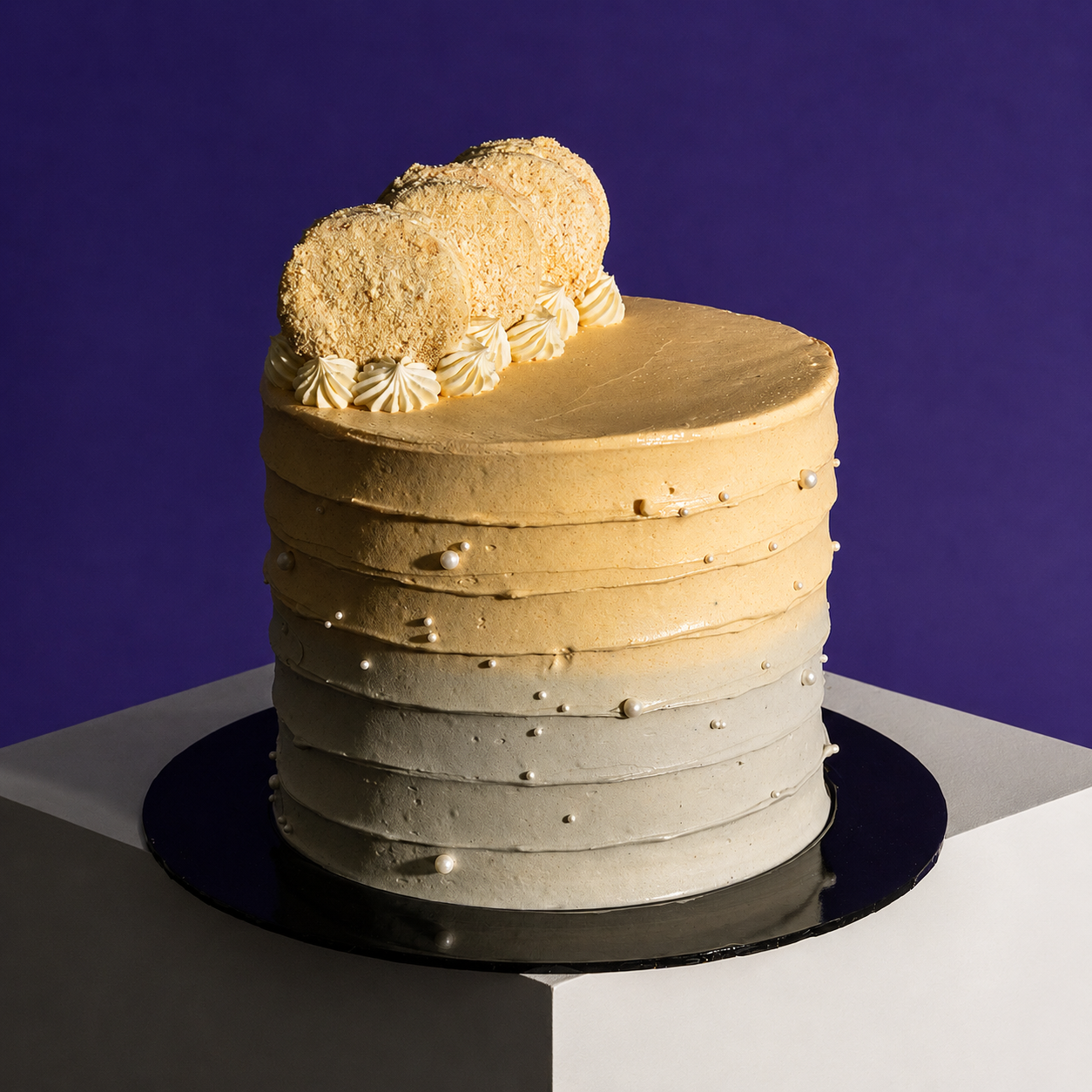 Twilight Ombré designer cake in gold-to-grey buttercream with sugar pearls and macarons, Elevete Patisserie KL