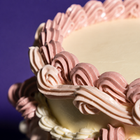 Close-up of the piped swags and sugar pearls on the Vintage Bloom cake in rose