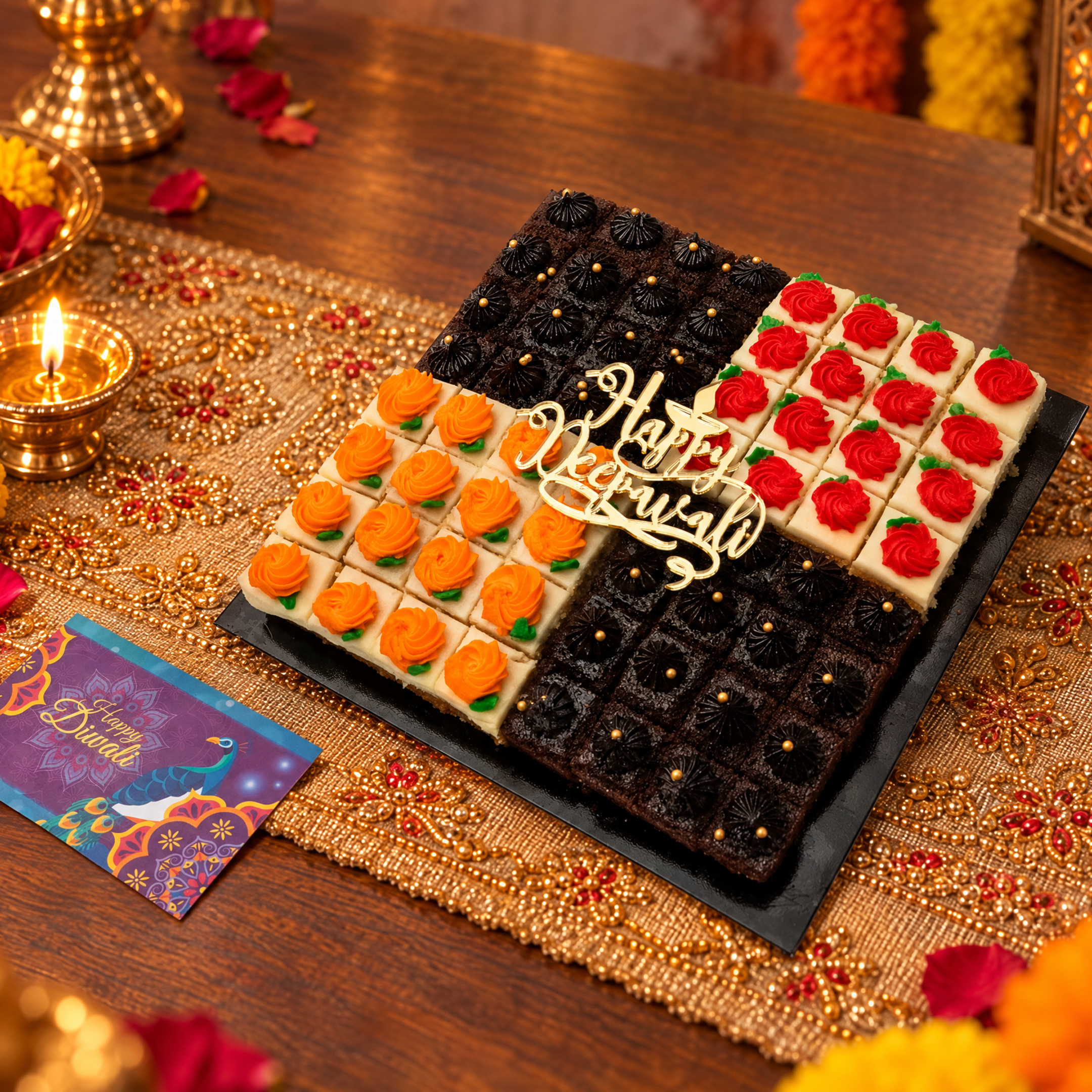 Tray of palkova buttercake bites with orange and red rosettes and chocolate cake bites