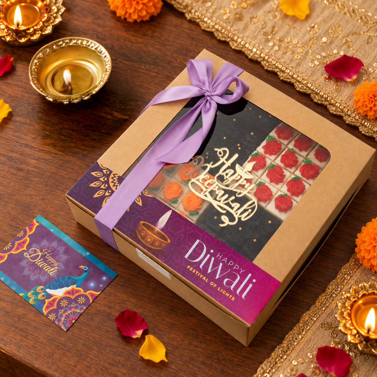 Cake bites in a brown window box tied with lilac ribbon
