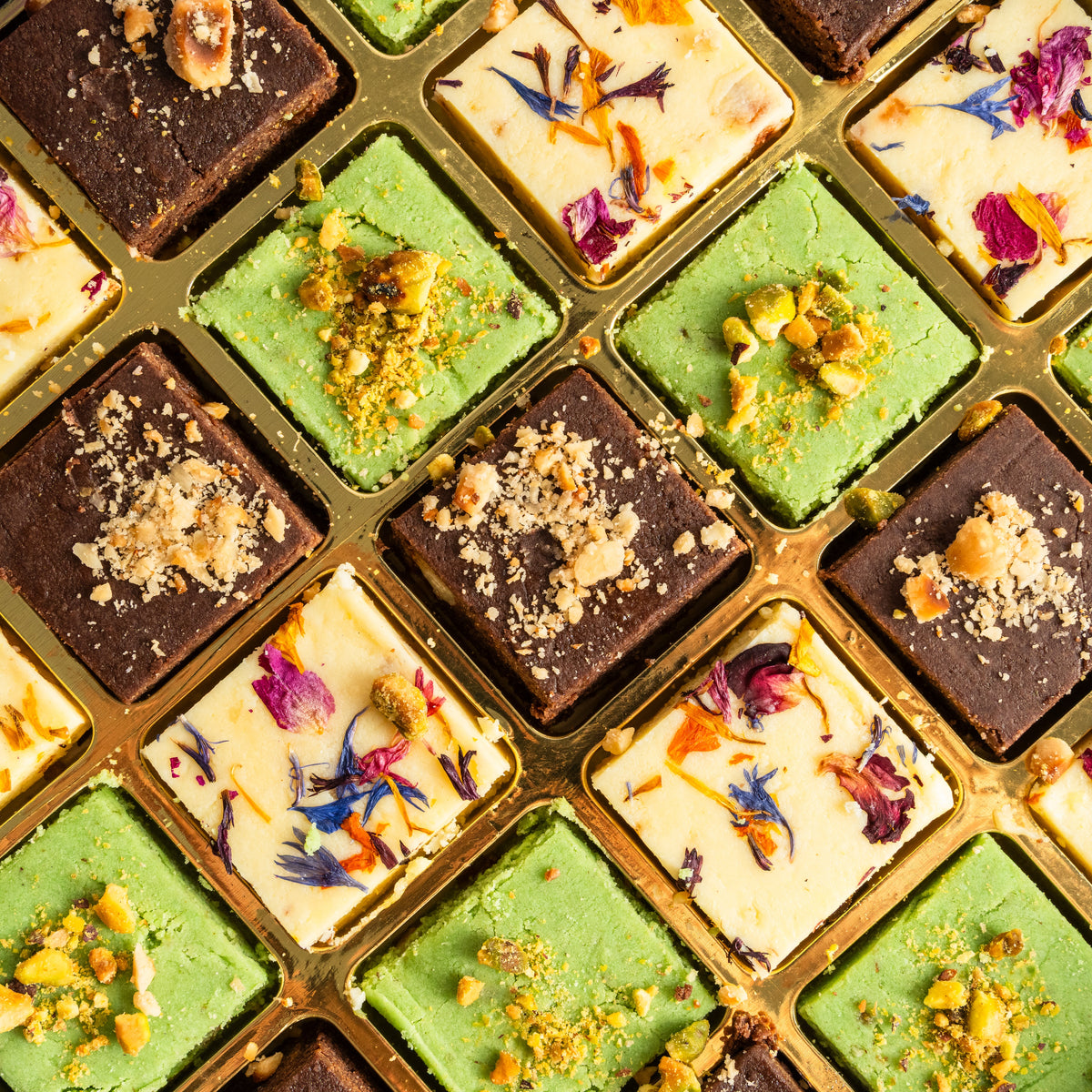 Close-up of pistachio, chocolate and milk burfi squares in a gold tray