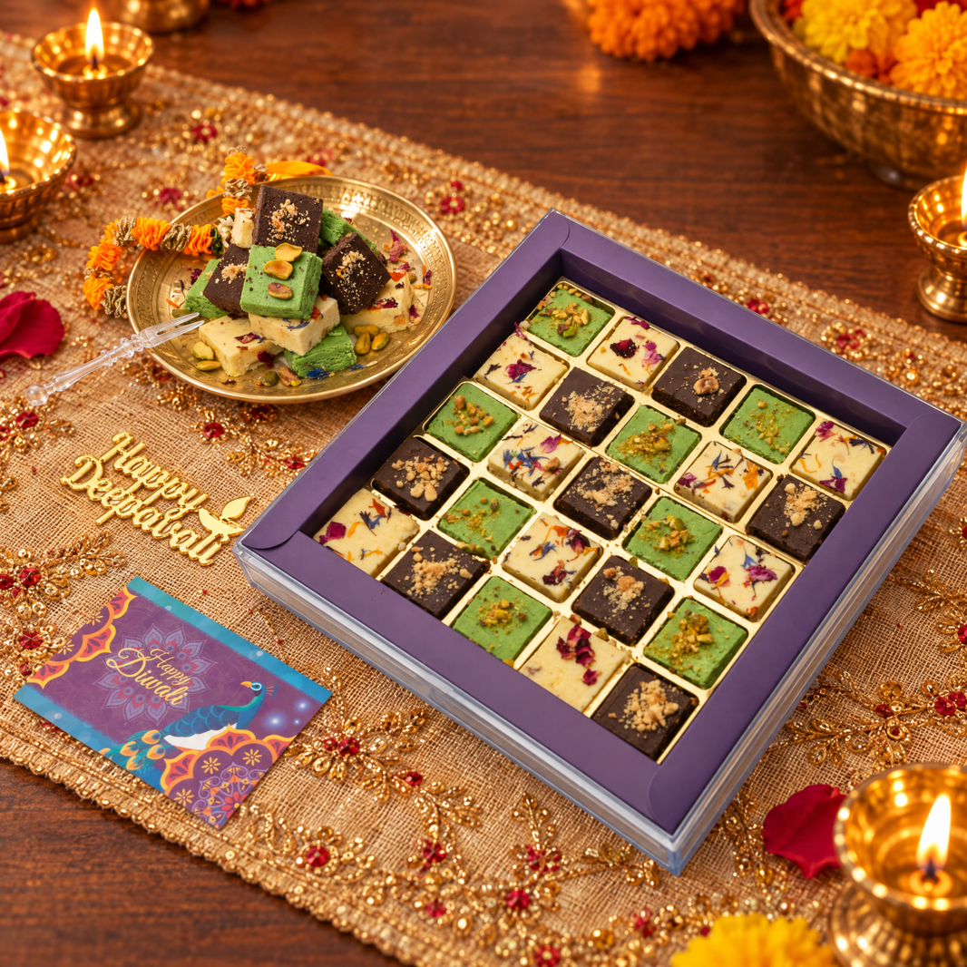 Open gift box of 25 burfi in milk, pistachio and chocolate beside a brass plate of burfi