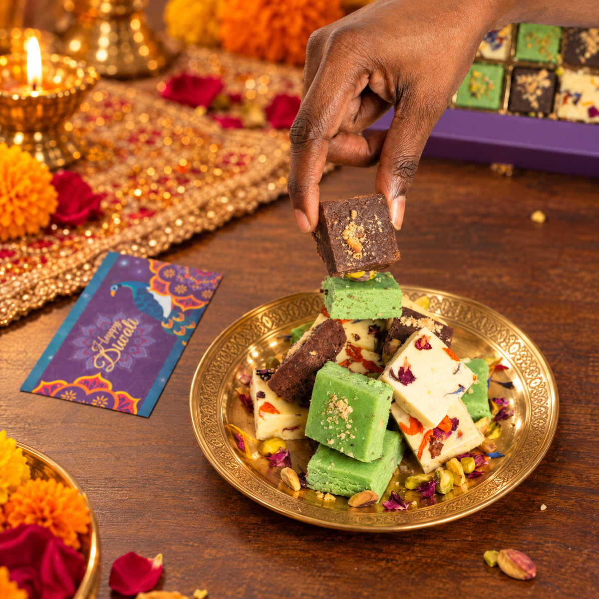 Hand lifting a square of chocolate burfi from a brass plate