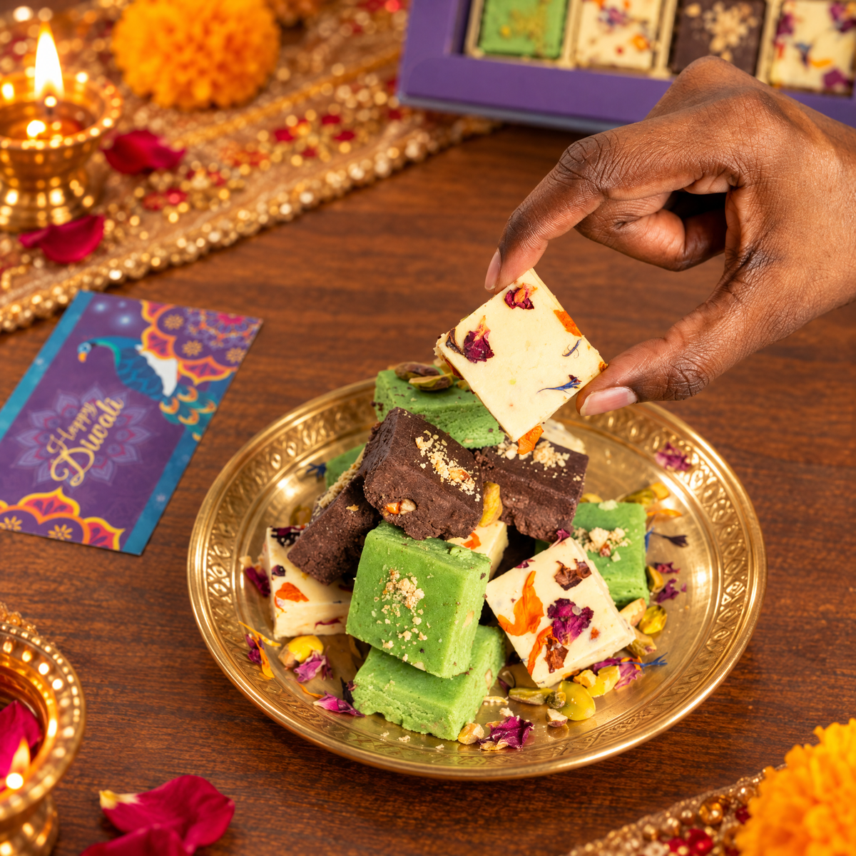 Hand lifting a square of milk burfi from a brass plate