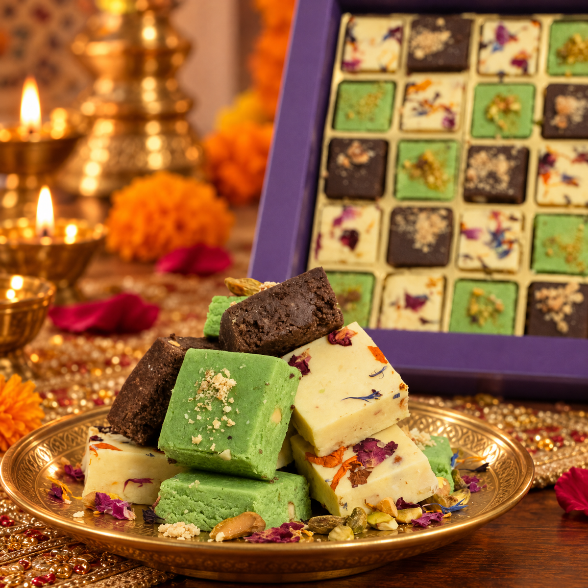 Milk, pistachio and chocolate burfi stacked on a brass plate with the gift box behind
