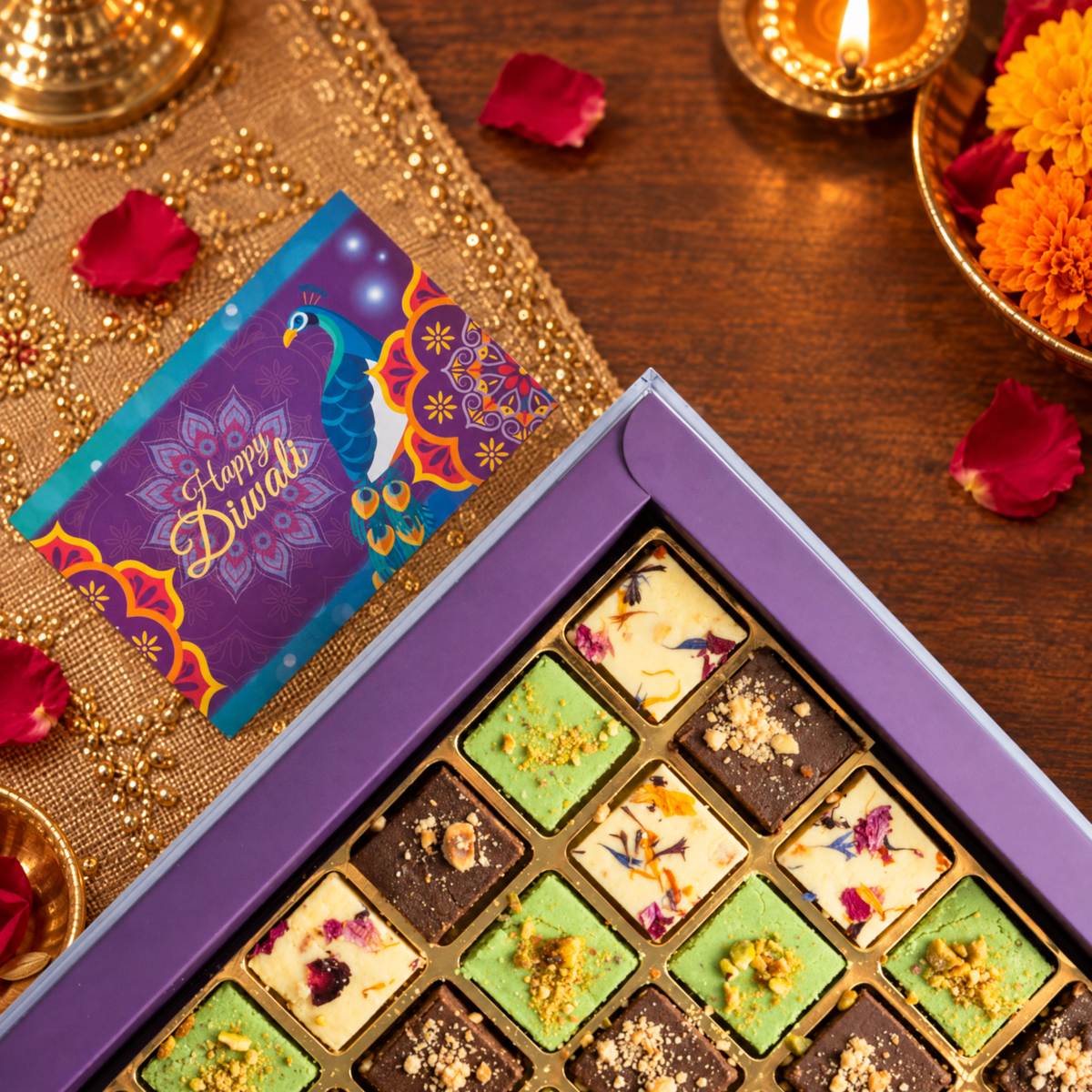 Top-down corner of a burfi gift box showing milk, pistachio and chocolate squares