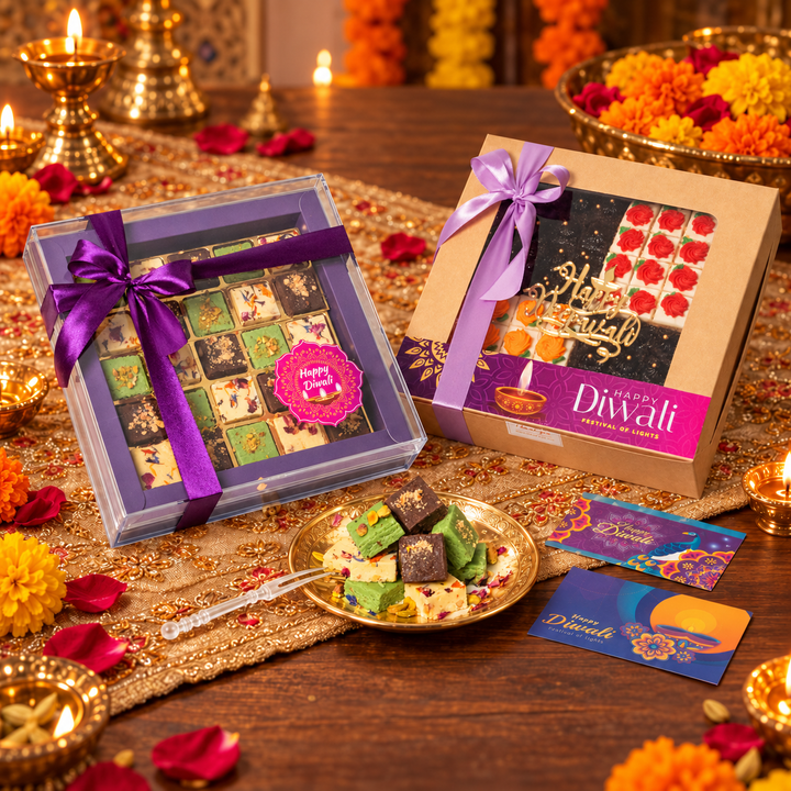Burfi gift box and cake bites gift box side by side on a Deepavali table with oil lamps