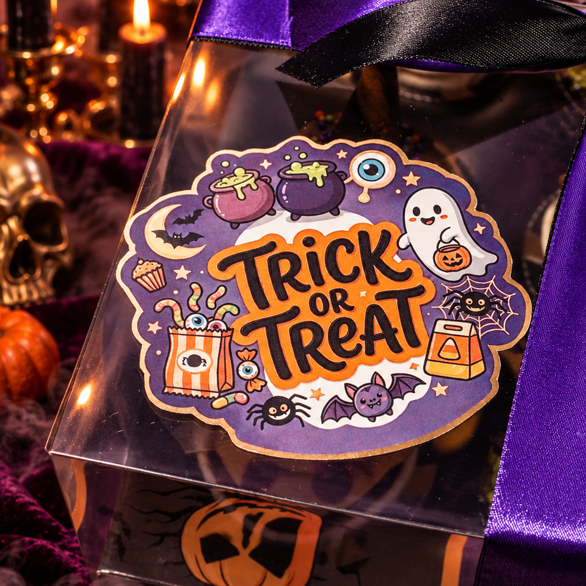 Trick or Treat sticker on the lid of the Halloween cupcake box