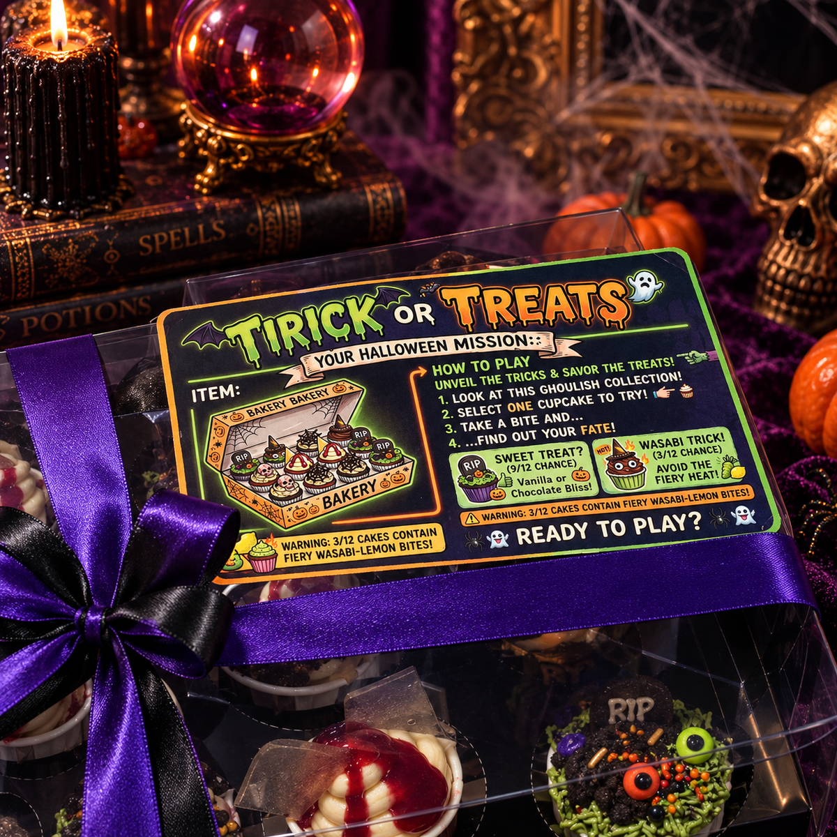 How-to-play card on the Trick or Treat cupcake box: pick one, take a bite, find out if it's wasabi