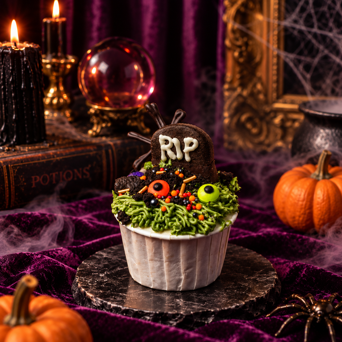 Graveyard cupcake with a chocolate cookie RIP headstone, green piped grass and candy eyeballs