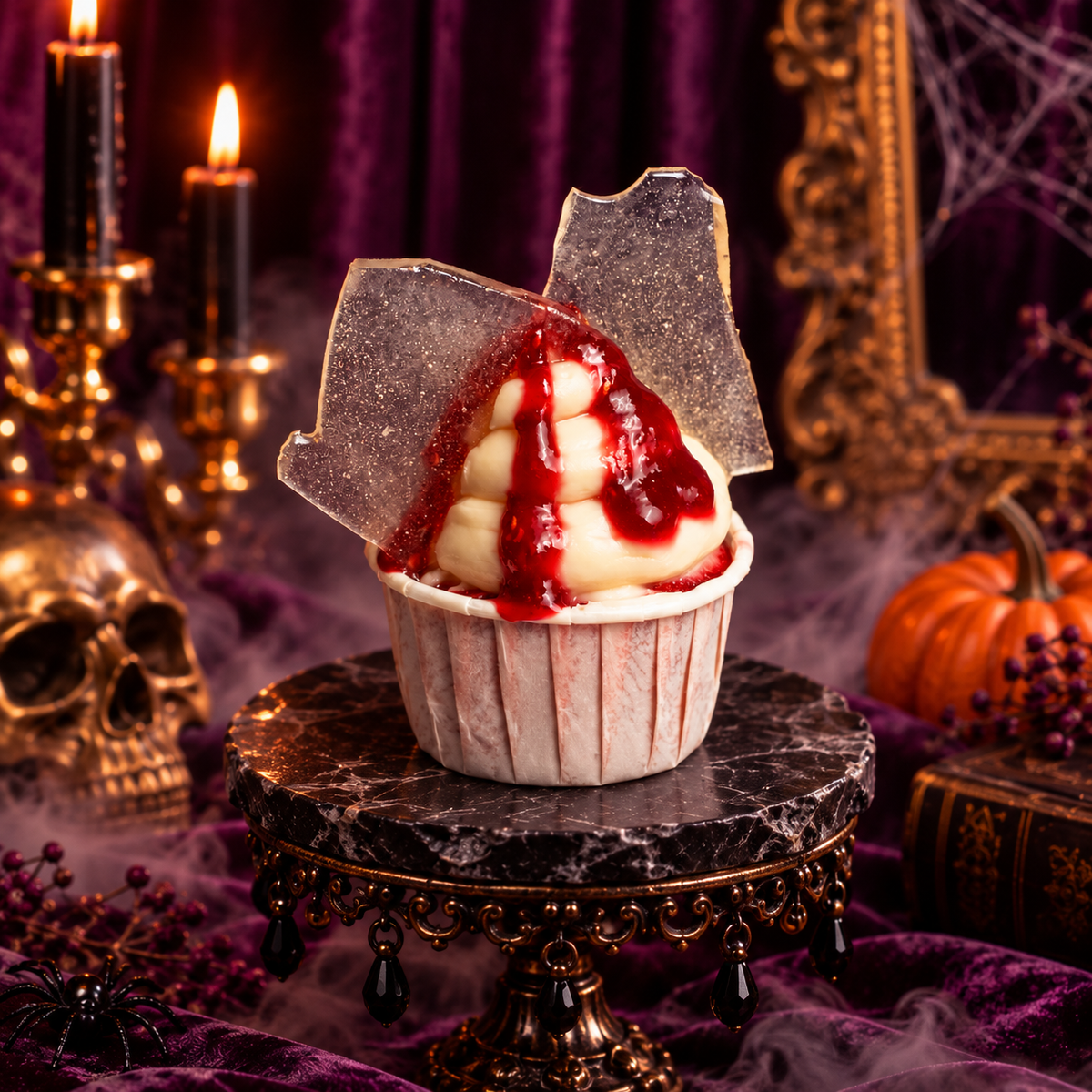 Vanilla swirl cupcake with raspberry drips and shards of sugar glass