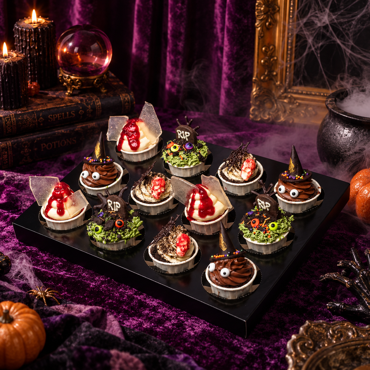 Twelve Halloween cupcakes on a tray, three of each design, among pumpkins and candles