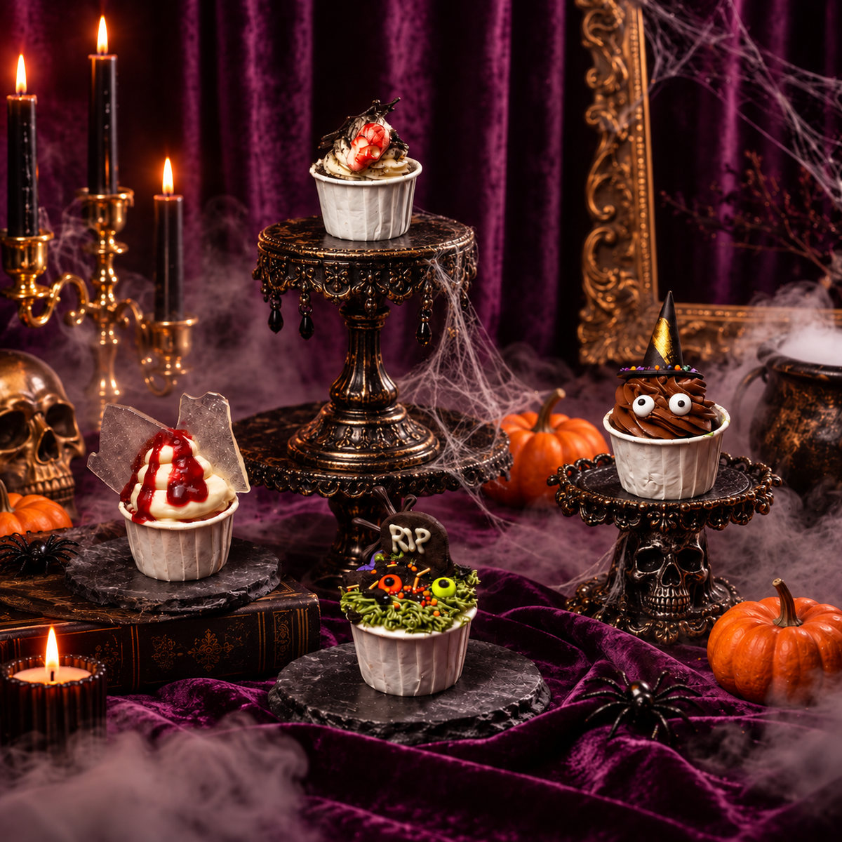Halloween cupcakes on a tiered stand for a party table