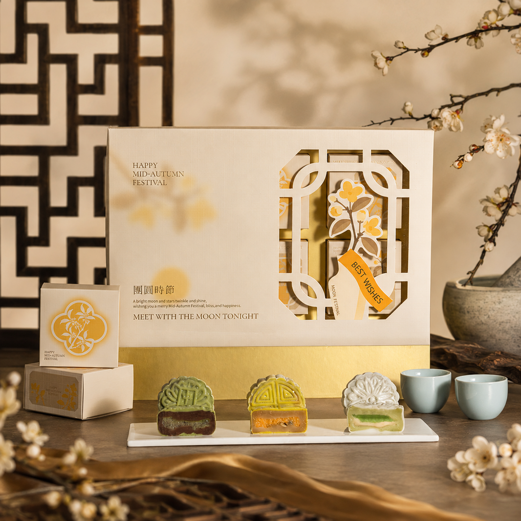 Box of six snowskin mooncakes in three flavours, Mid-Autumn gift set — Elevete Patisserie KL