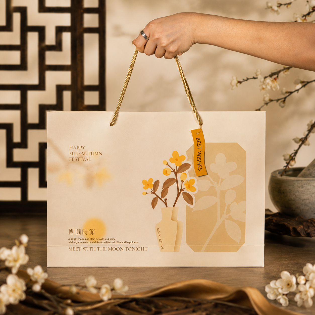 Hands holding the Elevete mooncake gift box, ready for Mid-Autumn gifting