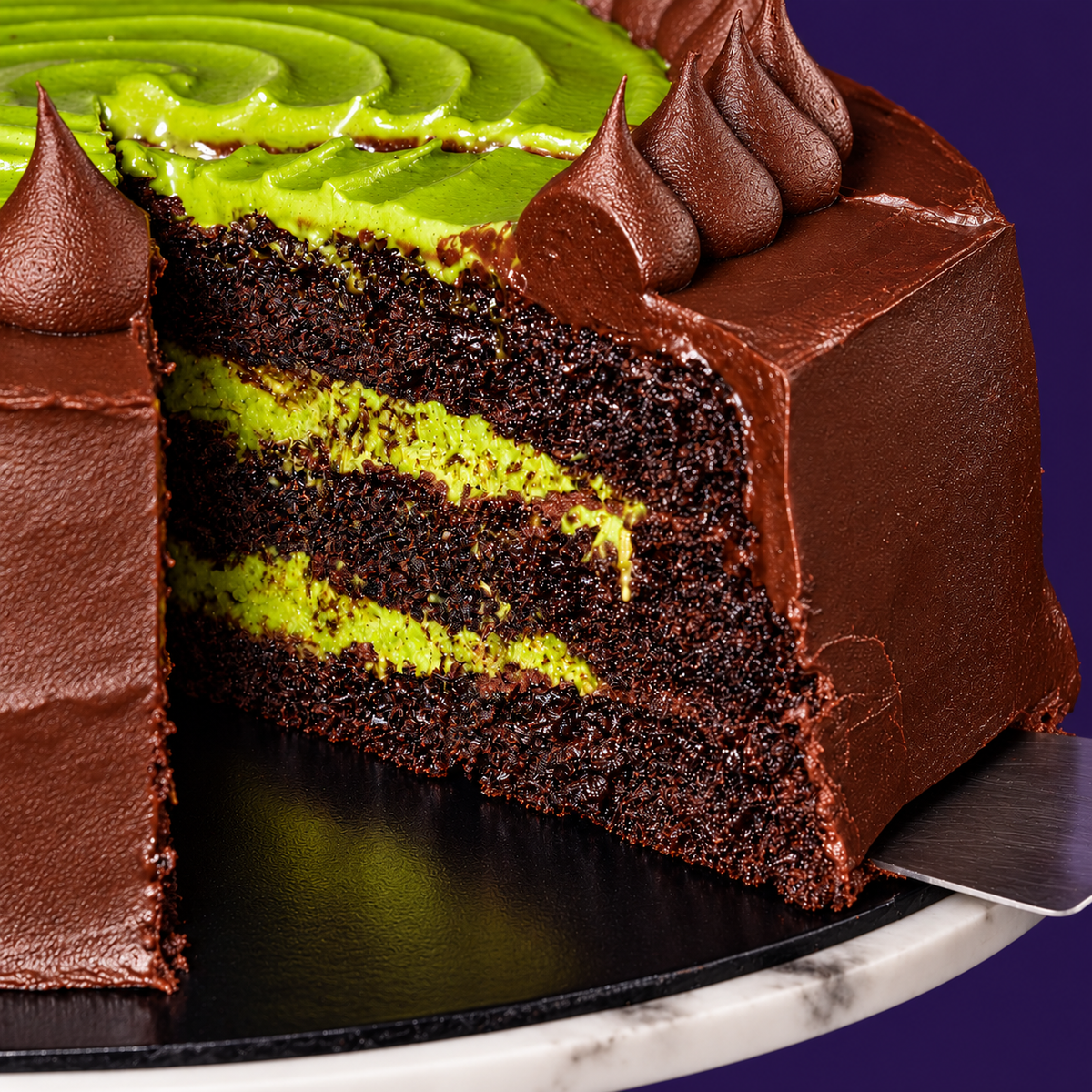 Slice cut from a Dubai chocolate cake showing three chocolate sponge layers and pistachio kunafa filling