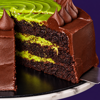 Slice cut from a Dubai chocolate cake showing three chocolate sponge layers and pistachio kunafa filling