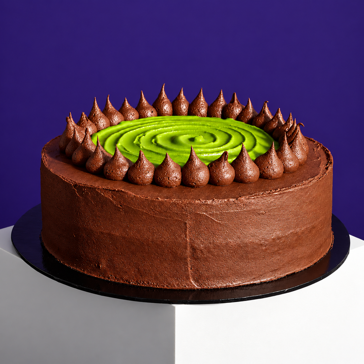 Dubai pistachio kunafa cake with chocolate ganache and a pistachio cream swirl on top