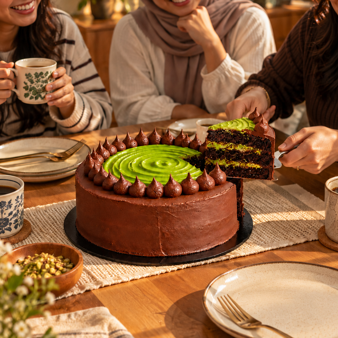 Friends sharing slices of Dubai pistachio kunafa cake with coffee at home