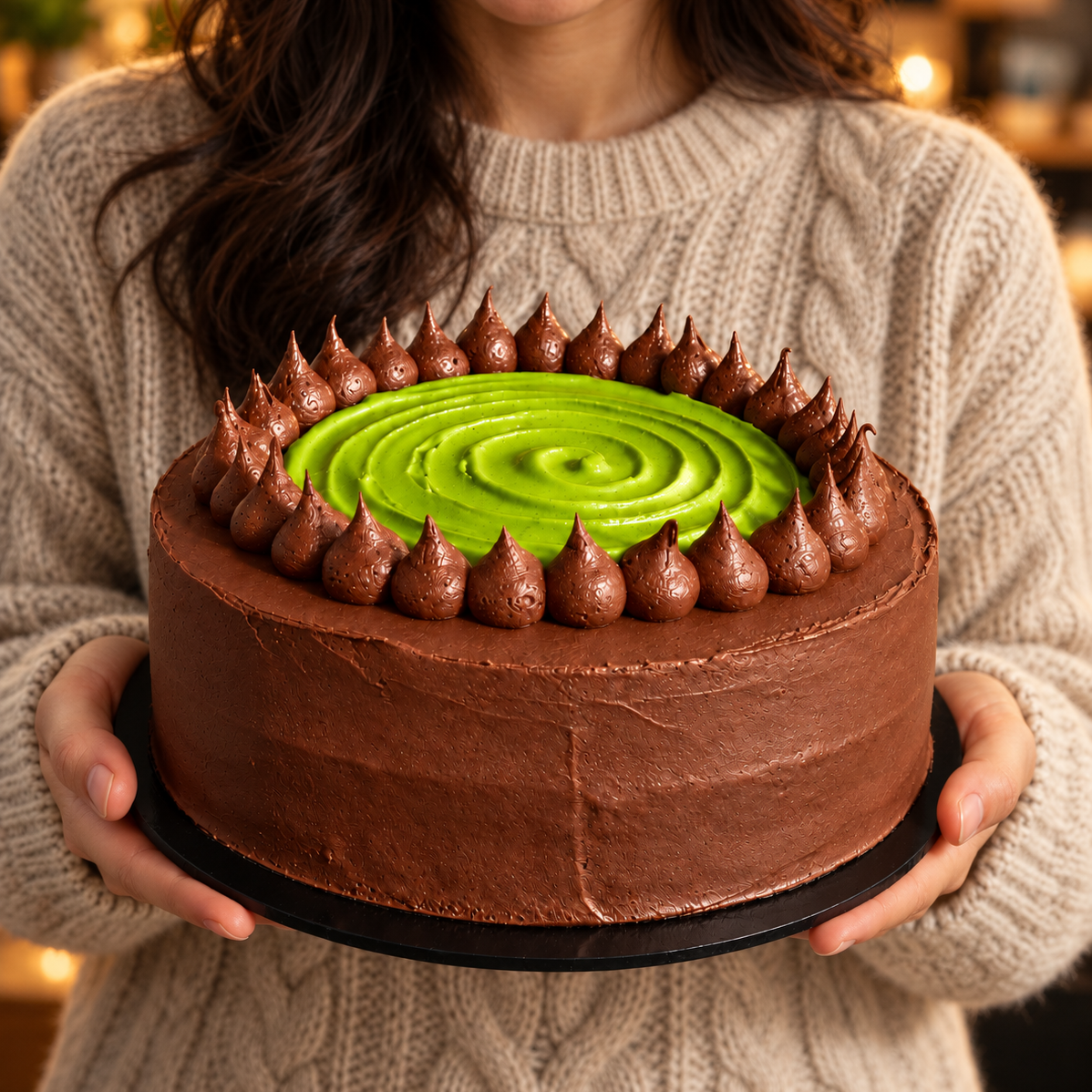 Hands holding a whole Dubai chocolate pistachio cake on a black cake board