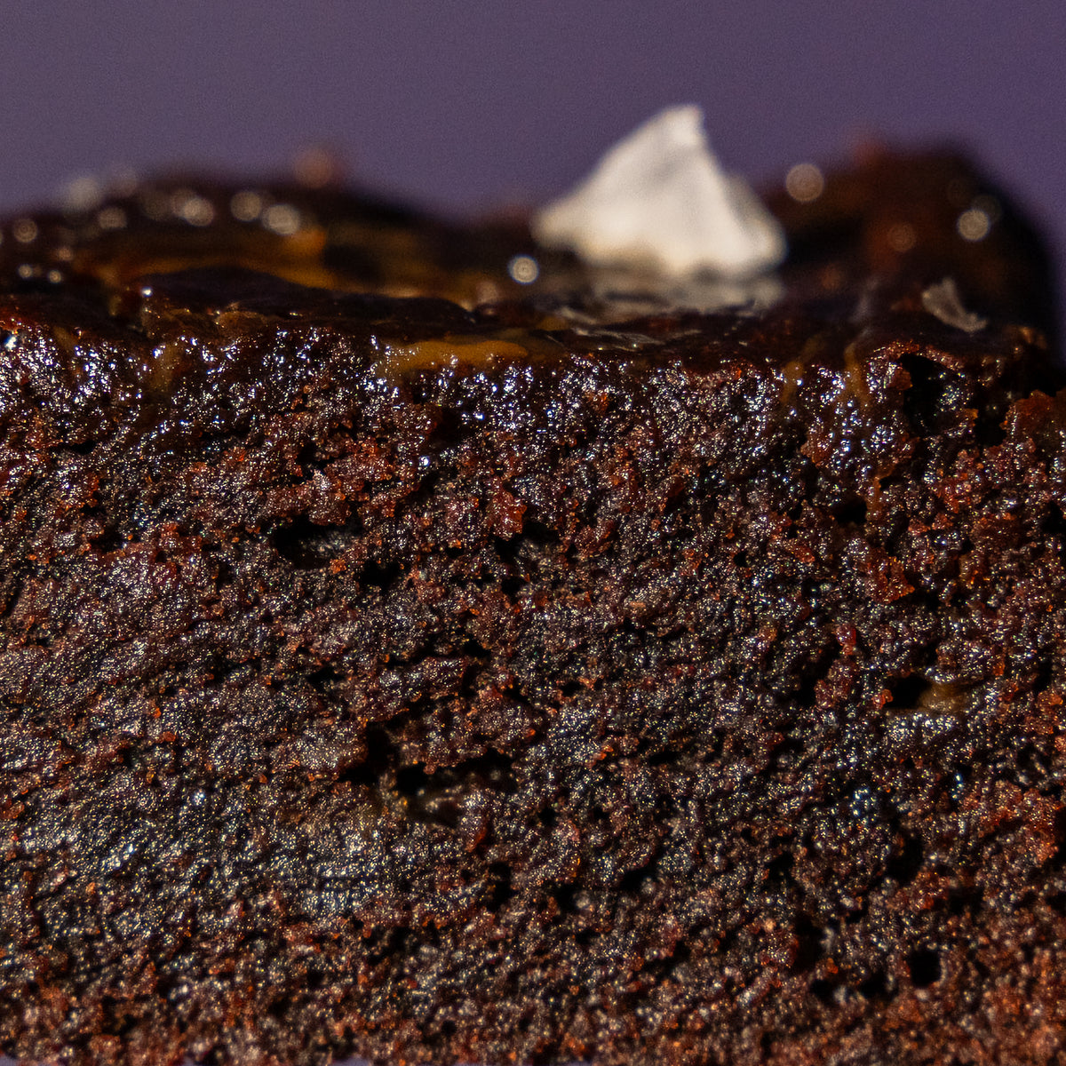 Close-up of the dense fudgy crumb inside an Elevete sourdough salted caramel brownie