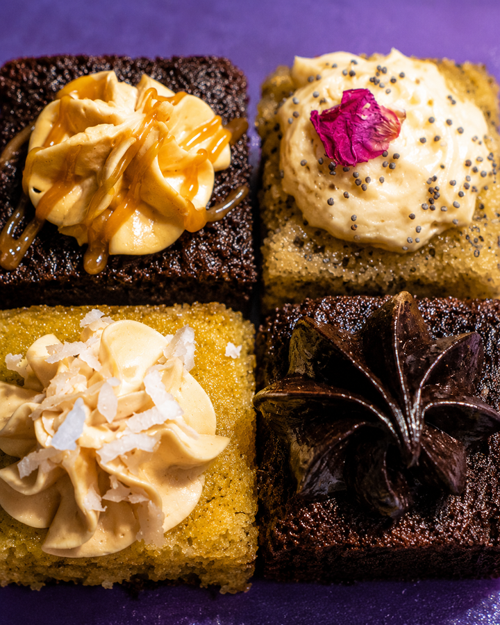 Close-up of Elevete Patisserie Mix and Match Cake Bites showing four flavours — salted caramel chocolate, lemon poppyseed, pandan coconut and dark chocolate brownie, halal certified Kuala Lumpur & Selangor